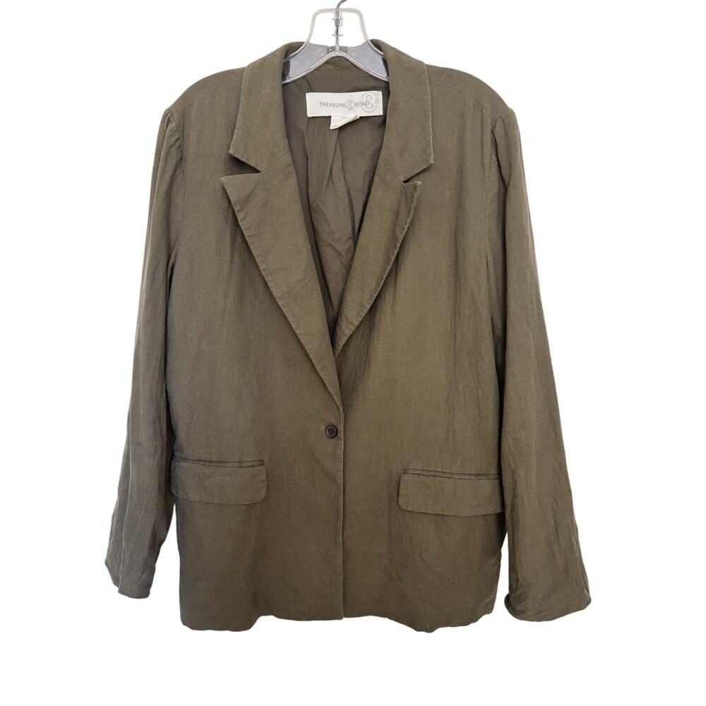 Treasure & Bond Linen Blend Olive Green Sinlge Button Blazer M Minimalist Lined
